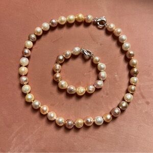 Honora Sterling Silver Ming Pearl Necklace & Bracelet Set – Pink/Peach 12–13mm